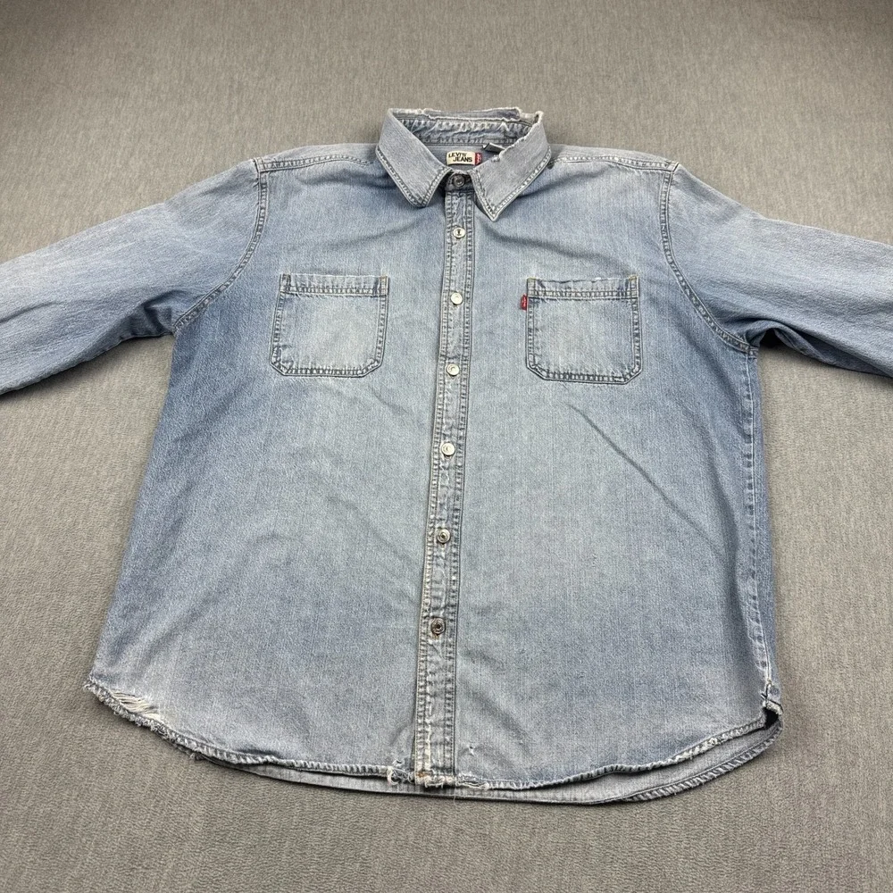 Vintage Levis Shirt Men 2XL XXL Blue Denim Metal Button Up Cotton  Western Rodeo